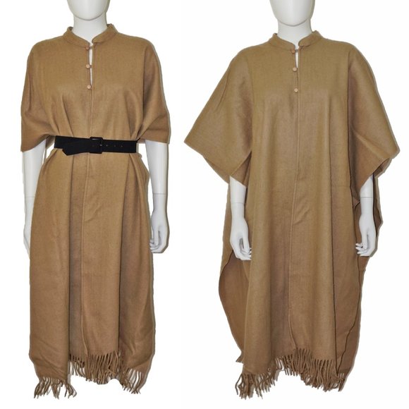 VINTAGE Molina Wool Camel Fringe Poncho Cape - Picture 1 of 4